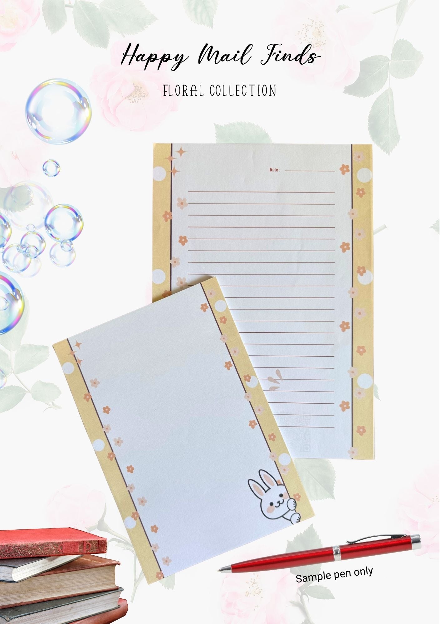 Cute Bunny Stationery Set | Floral Letter Writing Paper and Notepad | Happy Mail Finds Collection | Penpal Gift Set