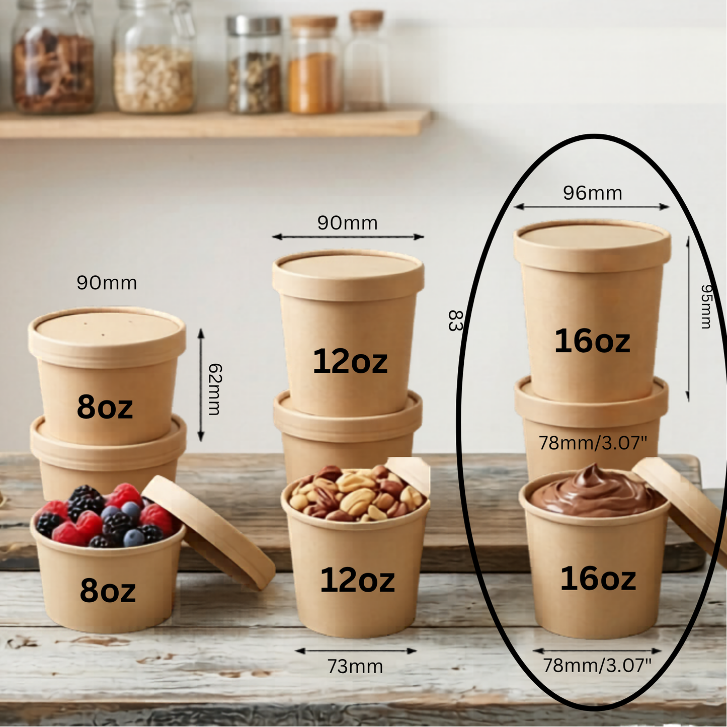 25pcs Eco-friendly Round Paper Food Container for Soup, Ice cream, Restaurant, Party, Takeaway, Microwave safe and freezer safe food storage in 8oz, 12oz, 16oz, 26oz, and 32oz