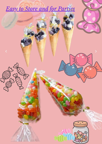 Clear Cone Candy Bags with Gold Twist Ties