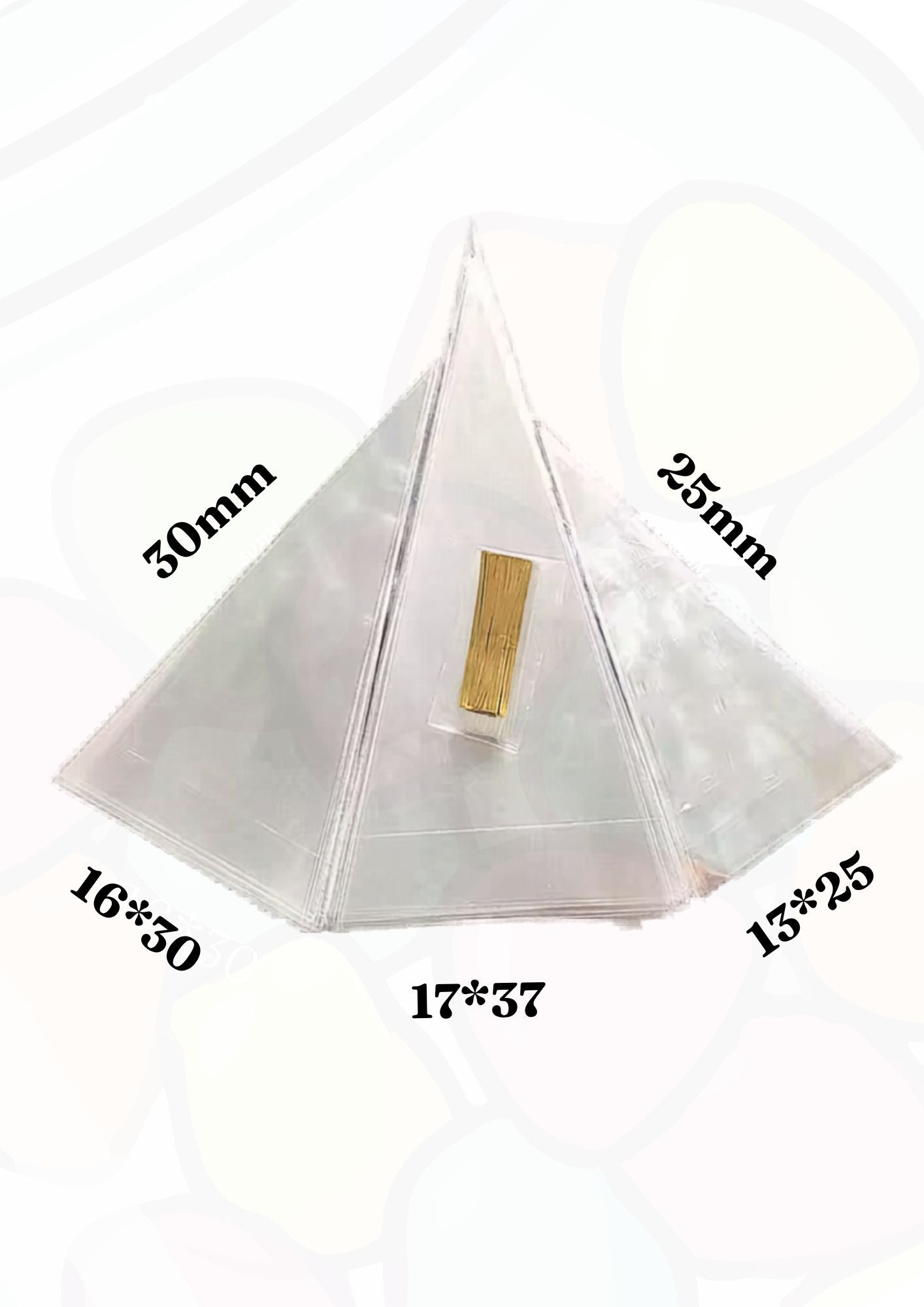 Set of clear triangular filters with measurements on a white background