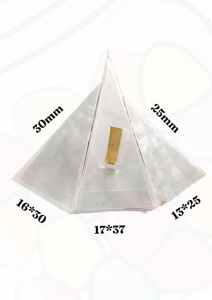 Set of clear triangular filters with measurements on a white background