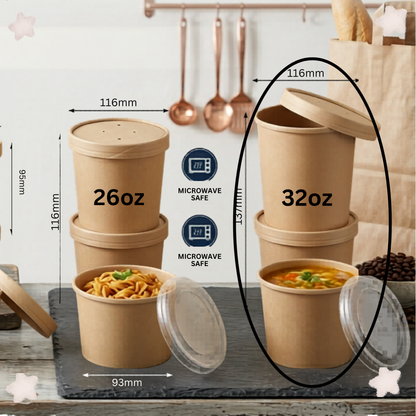 25pcs Eco-friendly Round Paper Food Container for Soup, Ice cream, Restaurant, Party, Takeaway, Microwave safe and freezer safe food storage in 8oz, 12oz, 16oz, 26oz, and 32oz