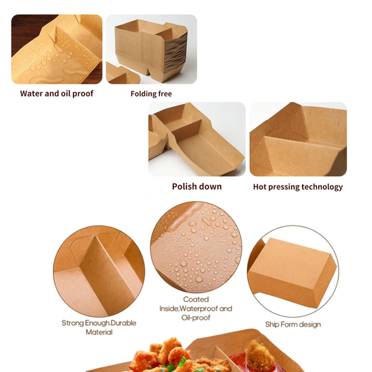 50pcs 2-Grid Kraft Food Trays – Disposable Paper Snack Boxes, Oil & Water Resistant Takeaway Containers