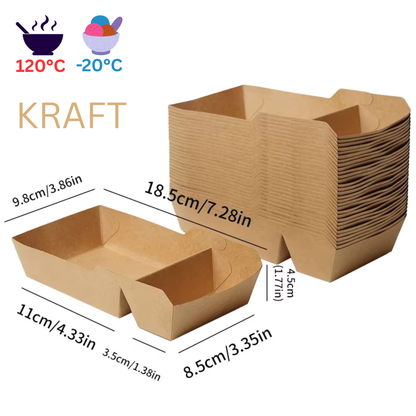 50pcs 2-Grid Kraft Food Trays – Disposable Paper Snack Boxes, Oil & Water Resistant Takeaway Containers
