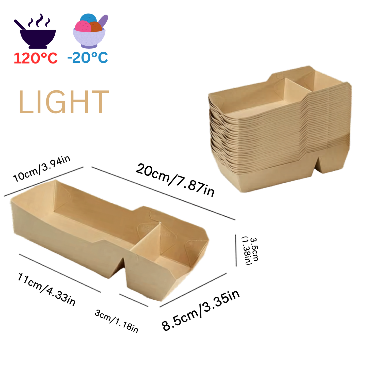 50pcs 2-Grid Kraft Food Trays – Disposable Paper Snack Boxes, Oil & Water Resistant Takeaway Containers