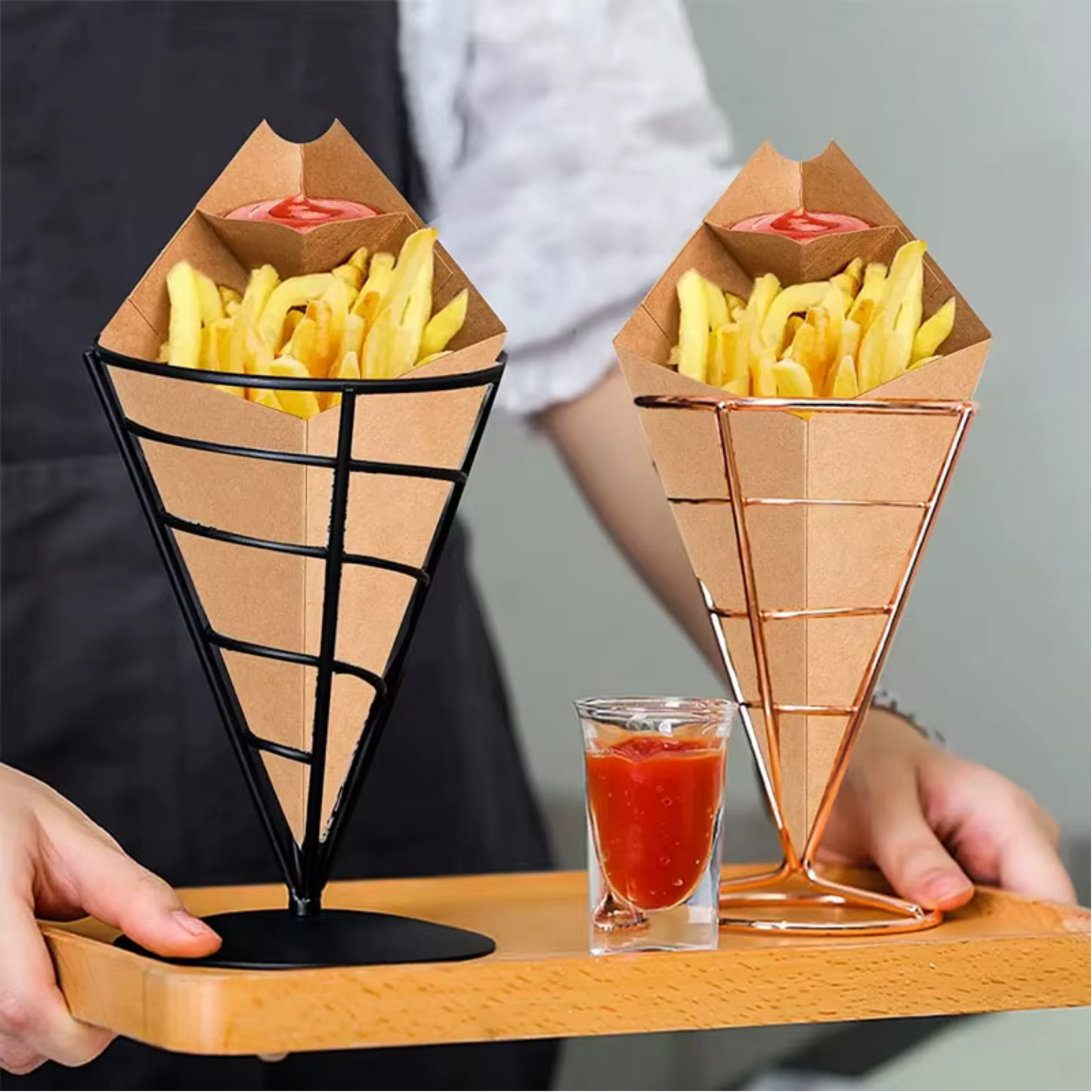 Unique Kraft Paper Fries & Snack Holder with Built‑In Dipping Cup (M/L Sizes)