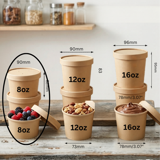 25pcs Eco-friendly Round Paper Food Container for Soup, Ice cream, Restaurant, Party, Takeaway, Microwave safe and freezer safe food storage in 8oz, 12oz, 16oz, 26oz, and 32oz