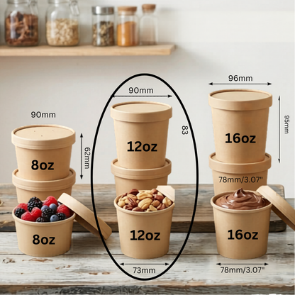 25pcs Eco-friendly Round Paper Food Container for Soup, Ice cream, Restaurant, Party, Takeaway, Microwave safe and freezer safe food storage in 8oz, 12oz, 16oz, 26oz, and 32oz