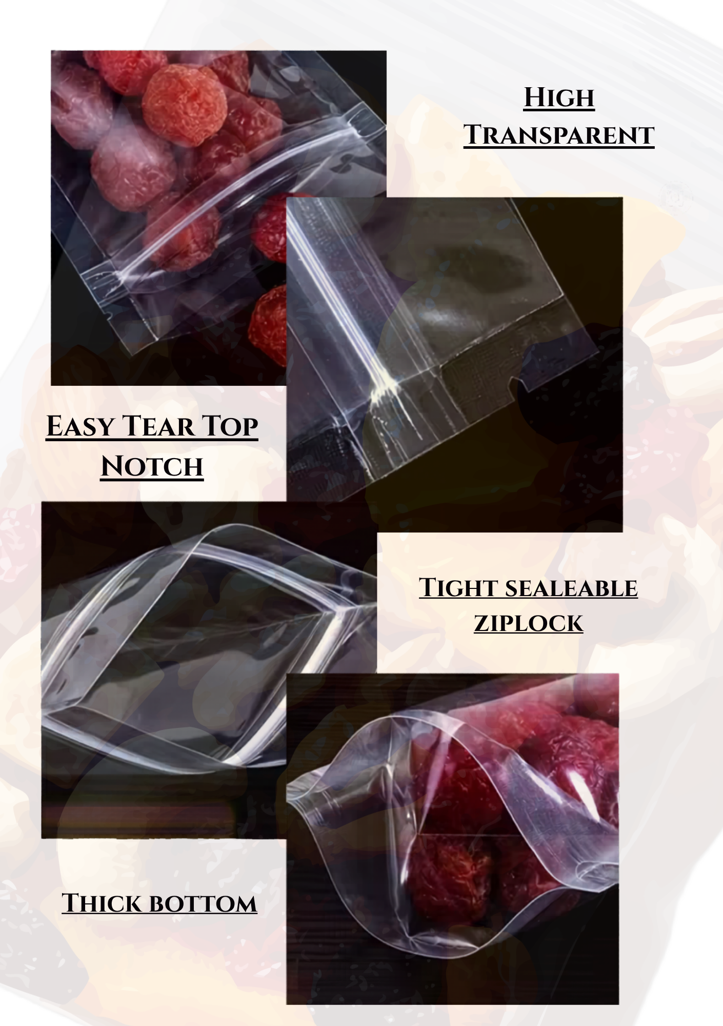 Stand-up Transparent Clear Zipper Pouches Food-grade