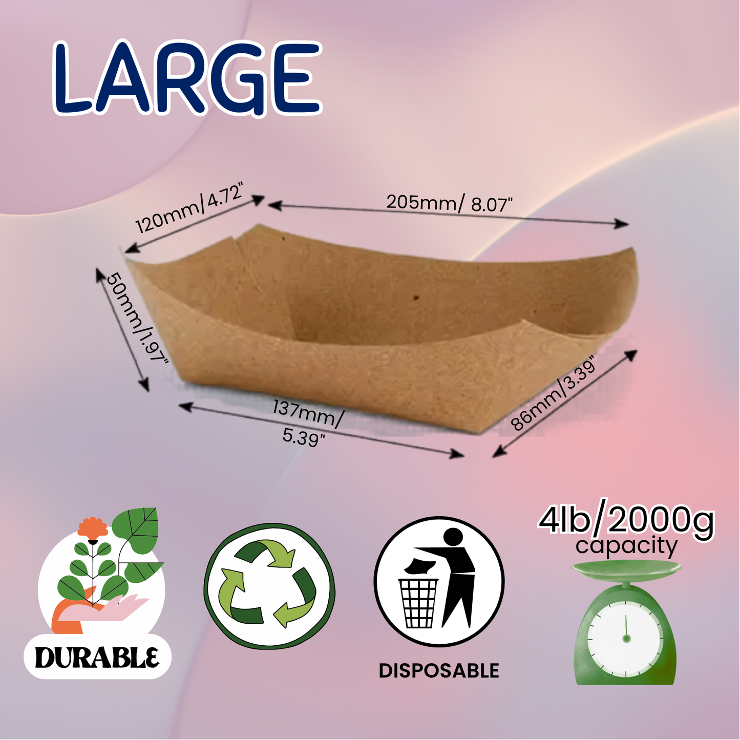Large brown paper tray with dimensions, weight capacity, durability, recyclability, and disposability icons on a pink background.