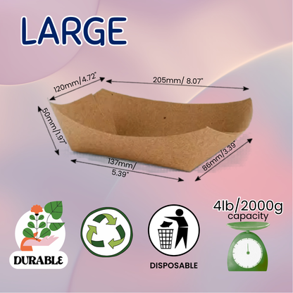 Large brown paper tray with dimensions, weight capacity, durability, recyclability, and disposability icons on a pink background.