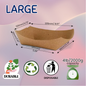 Large brown paper tray with dimensions, weight capacity, durability, recyclability, and disposability icons on a pink background.