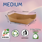 Measurement chart for a medium-sized brown paper product with dimensions and icons indicating durability, recyclability, disposability, and capacity.