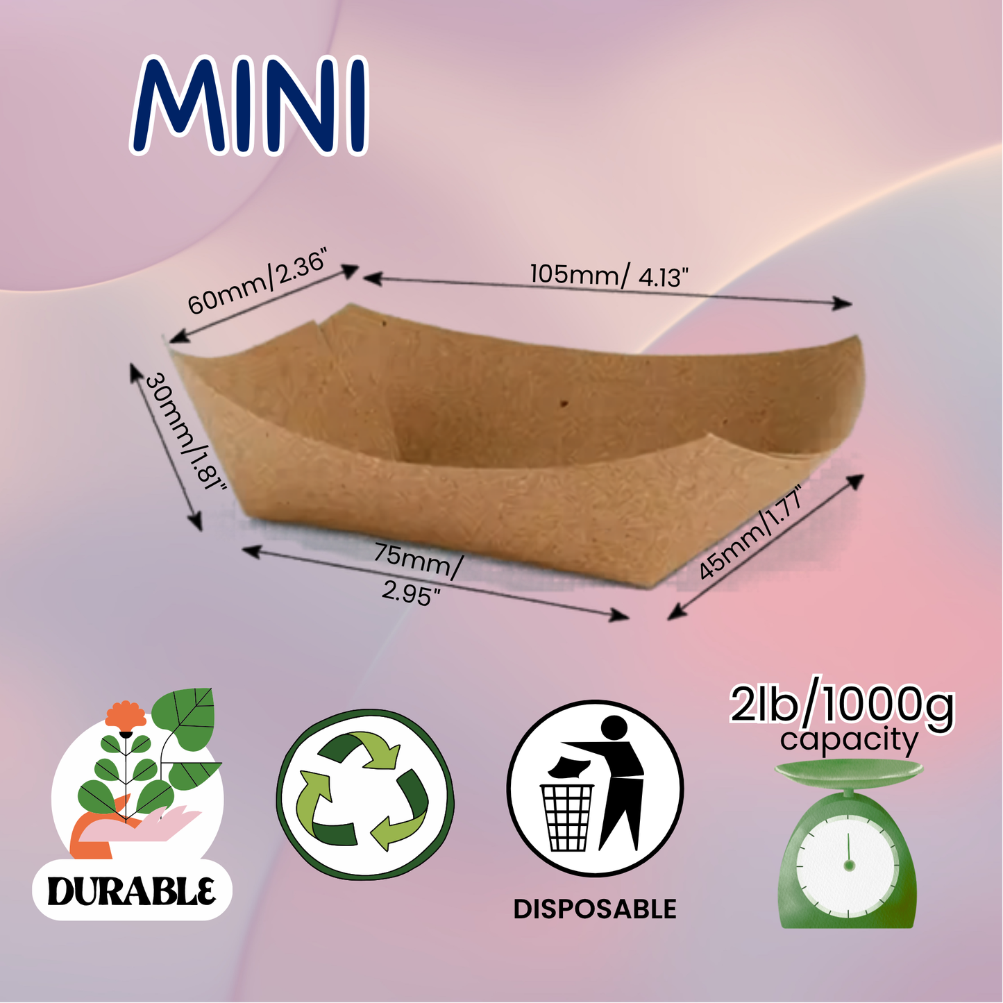 Mini brown paper tray with dimensions and sustainability icons on a gradient background