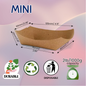 Mini brown paper tray with dimensions and sustainability icons on a gradient background