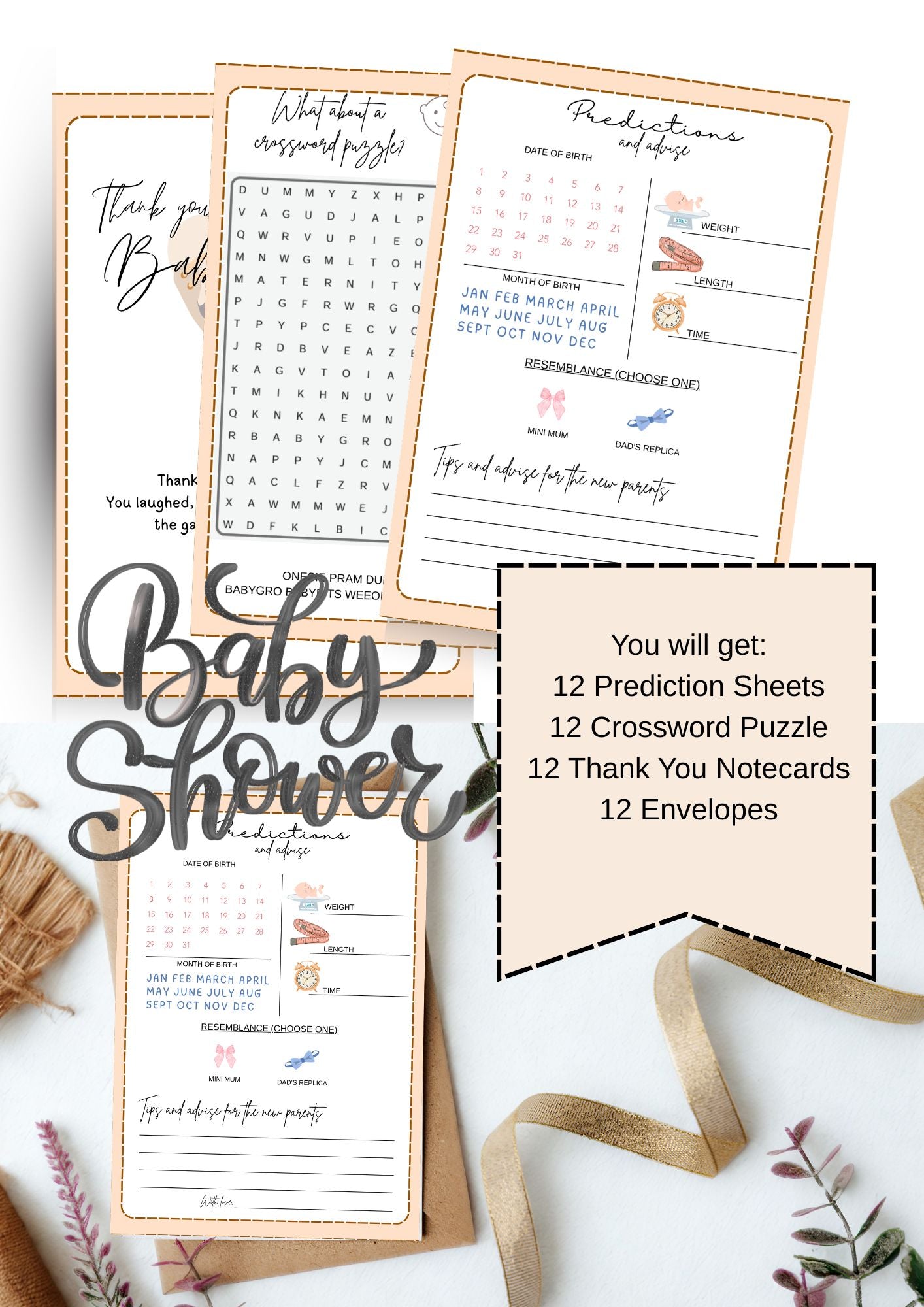Baby Shower Game & Stationery Set, Predictions, Crossword And Thank You Cards