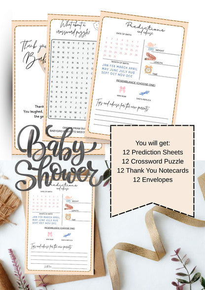 Baby Shower Game & Stationery Set, Predictions, Crossword And Thank You Cards
