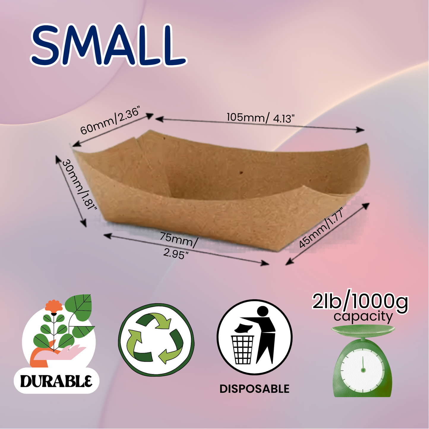Small brown paper tray with dimensions and sustainability icons on a gradient background