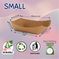 Small brown paper tray with dimensions and sustainability icons on a gradient background
