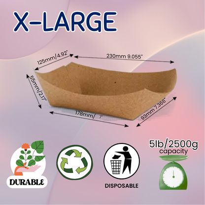 X-Large paper bowl with dimensions, durability, recycling, disposal, and capacity information on a gradient background.