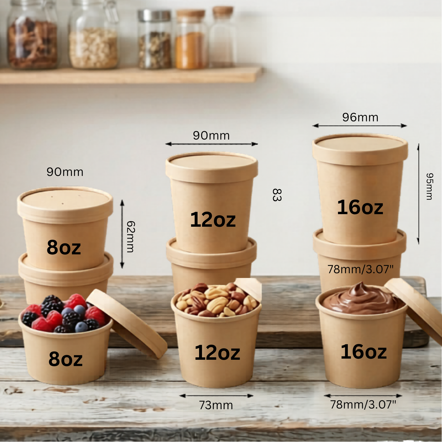 25pcs Eco-friendly Round Paper Food Container for Soup, Ice cream, Restaurant, Party, Takeaway, Microwave safe and freezer safe food storage in 8oz, 12oz, 16oz, 26oz, and 32oz