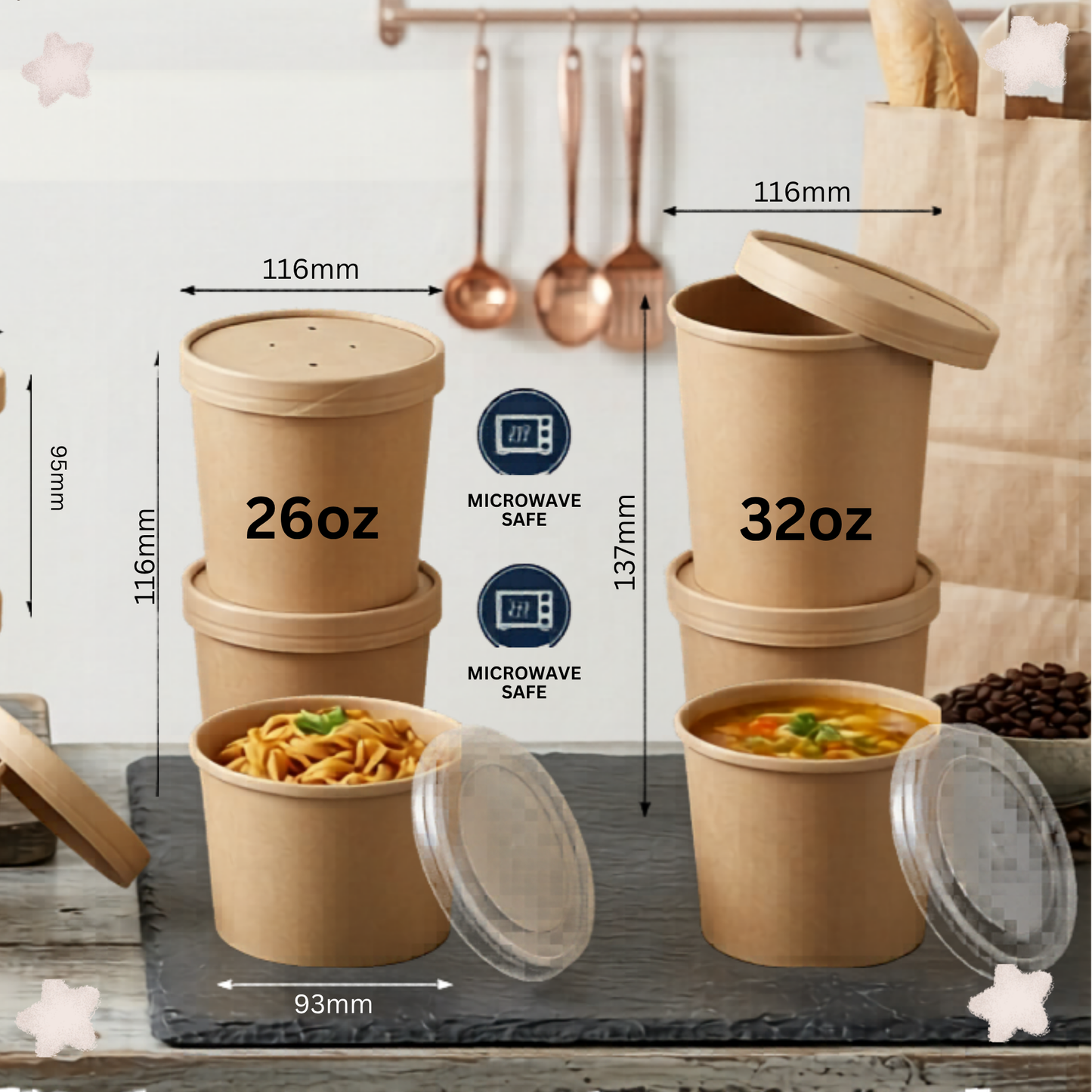 25pcs Eco-friendly Round Paper Food Container for Soup, Ice cream, Restaurant, Party, Takeaway, Microwave safe and freezer safe food storage in 8oz, 12oz, 16oz, 26oz, and 32oz