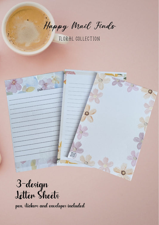 Floral Letter Writing Set | 3‑Design Stationery Sheets with Envelopes and Stickers | Happy Mail Finds Collection
